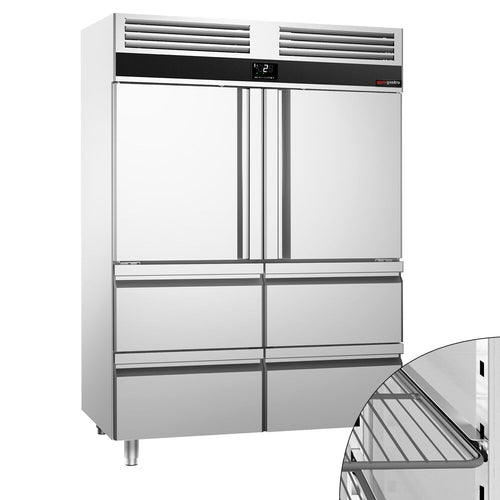 Commercial Upright Fridge Stainless steel PREMIUM - GN 2/1 - 1400L - with 2 half doors & 4 drawers