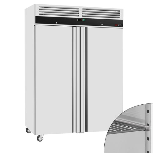Commercial Upright Fridge Stainless steel ECO - GN 2/1 - 1400L - with 2 doors & Rails & support grids - On castors