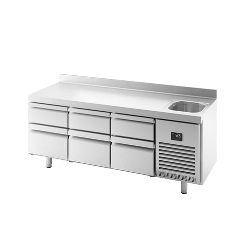 Kylmäpöytä PREMIUM PLUS - 1960x700 mm - 465 l - 1 allasta - 6 laatikkoa - Takakoroke
