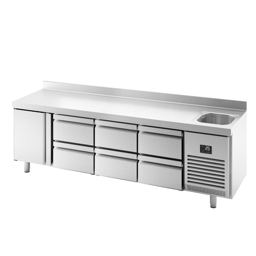 Kylmäpöytä PREMIUM PLUS - 2452x700 mm - 630 l - 1 allasta - 2 ovea - 6 laatikkoa - Takakoroke