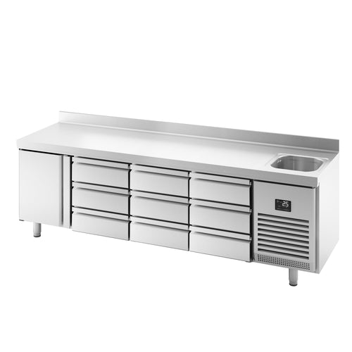 Kylmäpöytä PREMIUM PLUS - 2452x600 mm - 510 l - 1 allasta - 1 ovea - 9 laatikkoa - Takakoroke