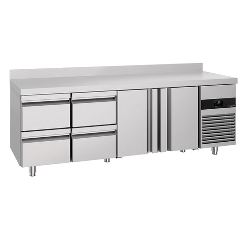 Kylmäpöytä PREMIUM - 2330x700 mm - 632 l - 2 ovea - 4 laatikkoa - Takakoroke