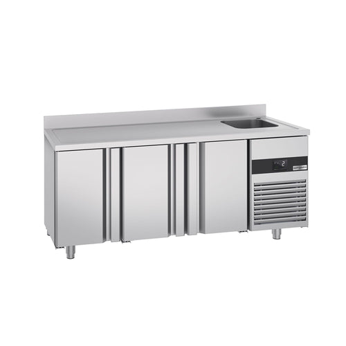 Commercial Counter Fridge PREMIUM - 1900x700mm - with 3 doors - with sink left - with upstand - capacity 420 litres