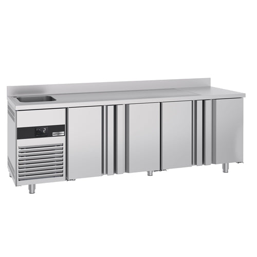 Commercial Counter Fridge PREMIUM - 2360x700mm - with 4 doors - with sink left - with upstand - capacity 540 litres