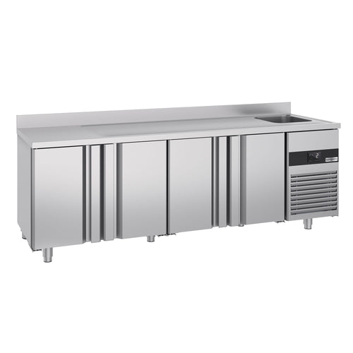Commercial Counter Fridge PREMIUM - 2360x700mm - with 4 doors - with sink right - with upstand - capacity 540 litres