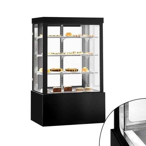 Kakkuvitriini Anna - käyttöön: leivonnaisille - 950 l - 1200 mm - kaksinkertainen lasi - 3 hyllyä - LED-valaistus - liukuovet - musta
