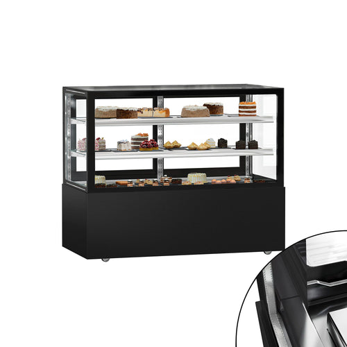 Commercial cake display fridge MADRID - 620L - 1500mm - Double glazing - square - with 2 adjustable glass shelves - rear sliding doors - Black matt