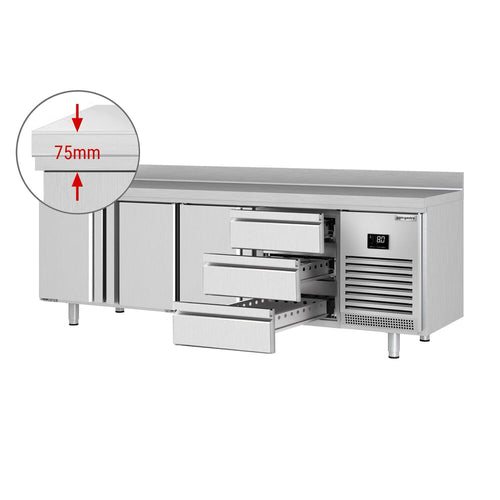 Kylmäpöytä PREMIUM PLUS - 2452x600 mm - 510 l - 3 ovea - 3 laatikkoa - Takakoroke