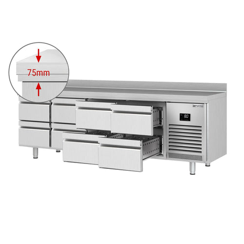 Kylmäpöytä PREMIUM PLUS - 2452x700 mm - 625 l - 8 laatikkoa - Takakoroke