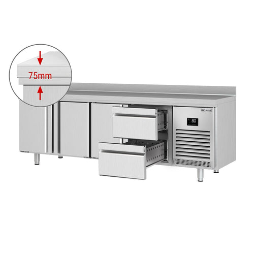 Kylmäpöytä PREMIUM PLUS - 2452x700 mm - 625 l - 3 ovea - 2 laatikkoa - Takakoroke