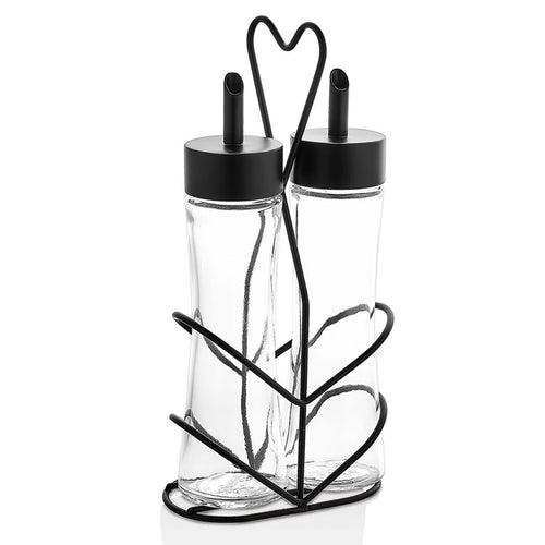 Cruet Set - 2-piece - Stainless steel stand - Glass - oil & vinegar - Height: 250mm - with removable lids