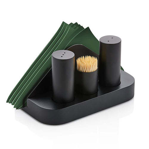 Complete Cruet Set - 4-piece - Stainless steel stand - napkin holder, toothpick holder, salt & pepper - Height: 90mm