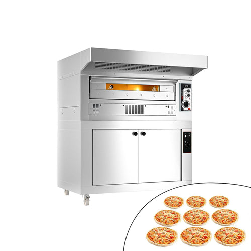 Kaasukäyttöinen pizzauuni (samottikivipohja) - 9 x Ø 33 cm - enintään 370 °C - Manuaalinen - sis. ruostumattomasta teräksestä haube ja gärschrank