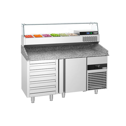 Commercial Pizza Prep Counter - Granite Top PREMIUM - 1550x800mm - with 1 doors & 5 drawers - incl. refrigerated topping unit with glass sneeze guard - 6x GN 1/3