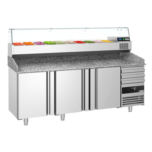 Commercial Pizza Prep Counter - Granite Top PREMIUM - 2150x800mm - with 3 doors & 3 drawers - incl. refrigerated topping unit with glass sneeze guard - 10x GN 1/3