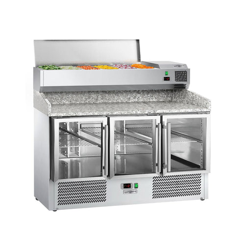 Commercial Pizza Prep Counter - Granite Top ECO - 1400x700mm - with 3 glass doors - incl. refrigerated topping unit - 6x GN 1/4