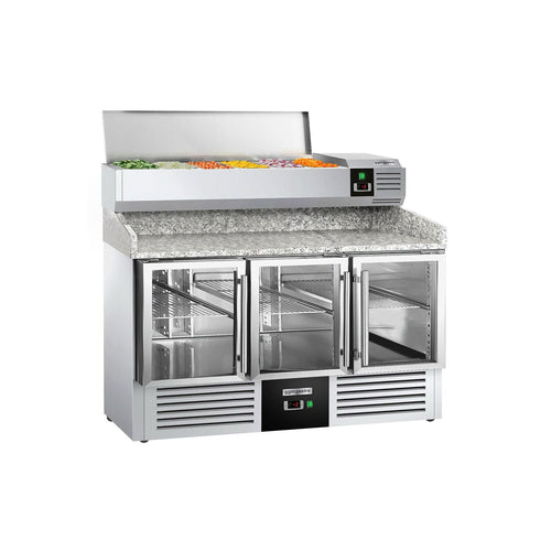 Pizzakylmäpöytä PREMIUM - 1400x700 mm - 3 lasiovea - sis. kylmävitriini - 6 x GN 1/4 -astiaa