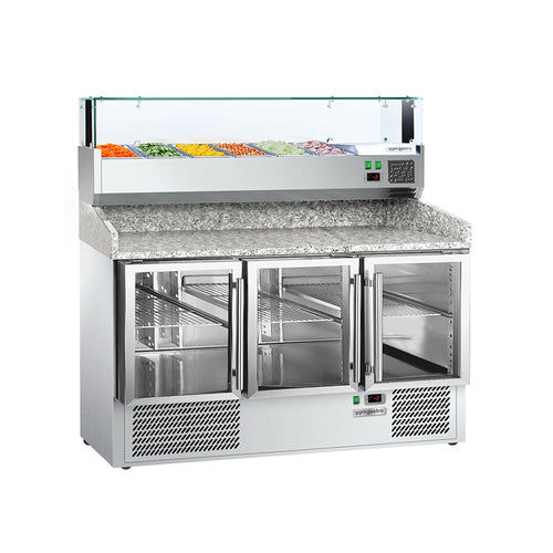 Commercial Pizza Prep Counter - Granite Top PREMIUM - 1400x700mm - with 3 glass doors - incl. refrigerated topping unit with glass sneeze guard LED - 6x GN 1/4