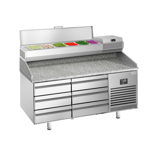 Pizzakylmäpöytä PREMIUM PLUS - 1490x700 mm - 6 vetolaatikkoa - sis. kylmävitriini - 6 x GN 1/4 -astiaa