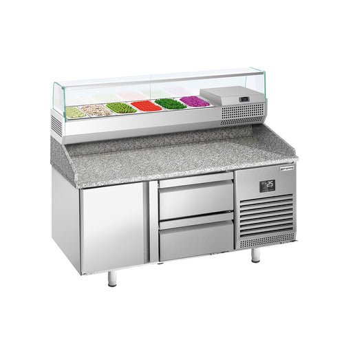 Pizzakylmäpöytä PREMIUM PLUS - 1490x700 mm - 1 ovea & 2 vetolaatikkoa - sis. kylmävitriini lasisuojuksella - 6 x GN 1/4 -astiaa