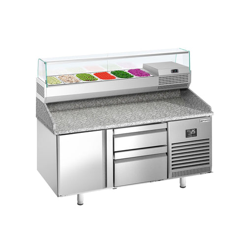 Pizzakylmäpöytä PREMIUM PLUS - 1490x700 mm - 1 ovea & 2 vetolaatikkoa - sis. kylmävitriini lasisuojuksella - 6 x GN 1/4 -astiaa