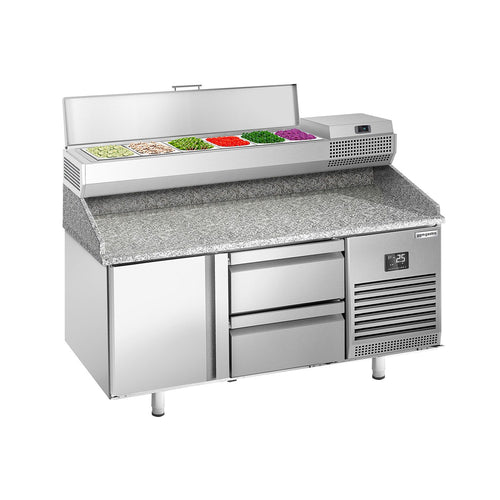 Pizzakylmäpöytä PREMIUM PLUS - 1490x700 mm - 1 ovea & 2 vetolaatikkoa - sis. kylmävitriini - 6 x GN 1/4 -astiaa