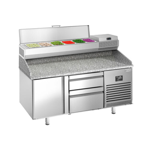 Pizzakylmäpöytä PREMIUM PLUS - 1490x700 mm - 1 ovea & 2 vetolaatikkoa - sis. kylmävitriini - 6 x GN 1/4 -astiaa