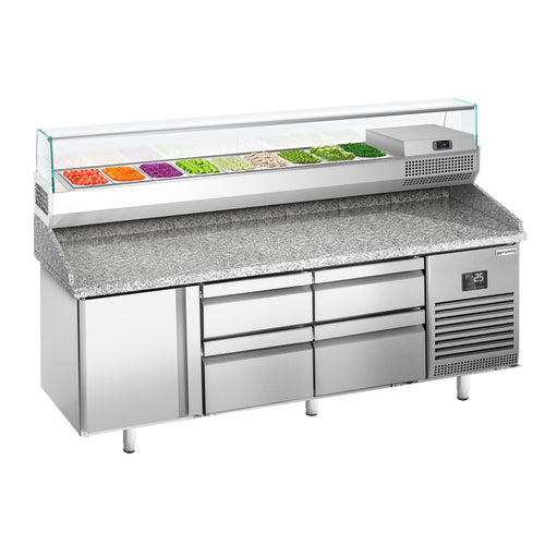 Pizzakylmäpöytä PREMIUM PLUS - 1980x700 mm - 1 ovea & 4 vetolaatikkoa - sis. kylmävitriini lasisuojuksella - 9 x GN 1/4 -astiaa