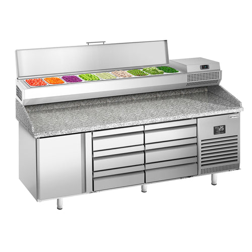 Pizzakylmäpöytä PREMIUM PLUS - 1980x700 mm - 1 ovea & 6 vetolaatikkoa - sis. kylmävitriini - 9 x GN 1/4 -astiaa
