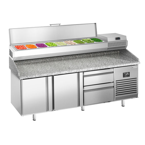 Pizzakylmäpöytä PREMIUM PLUS - 1980x700 mm - 2 ovea & 2 vetolaatikkoa - sis. kylmävitriini - 9 x GN 1/4 -astiaa