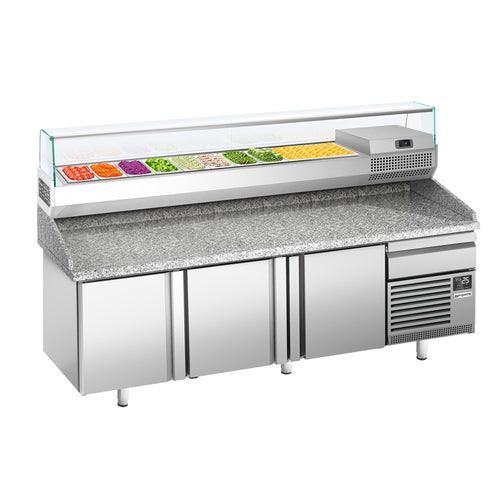 Pizzakylmäpöytä PREMIUM PLUS - 2305x800 mm - 3 ovea & 1 vetolaatikkoa - sis. kylmävitriini lasisuojuksella - 10 x GN 1/3 -astiaa
