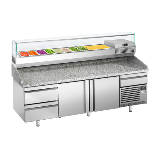 Pizzakylmäpöytä PREMIUM PLUS - 2305x800 mm - 2 ovea & 2 vetolaatikkoa - sis. kylmävitriini lasisuojuksella - 10 x GN 1/3 -astiaa