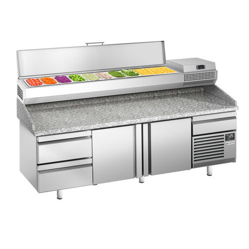 Pizzakylmäpöytä PREMIUM PLUS - 2305x800 mm - 2 ovea & 2 vetolaatikkoa - sis. kylmävitriini - 10 x GN 1/3 -astiaa