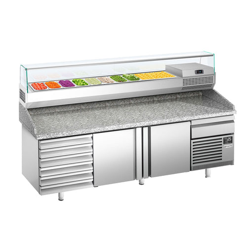 Pizzakylmäpöytä PREMIUM PLUS - 2305x800 mm - 2 ovea & 6 vetolaatikkoa - sis. kylmävitriini lasisuojuksella - 10 x GN 1/3 -astiaa
