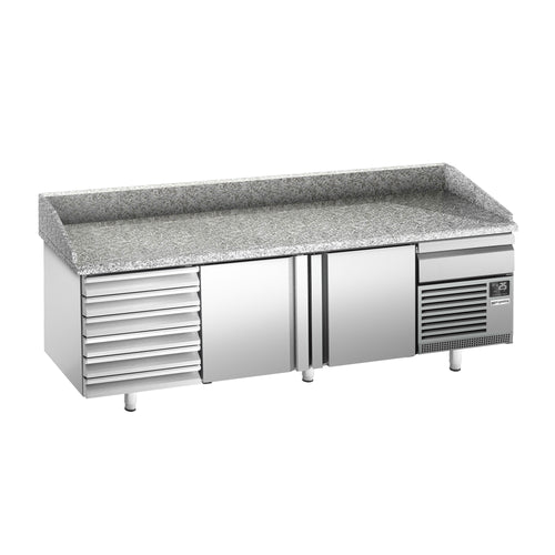 Pizzakylmäpöytä PREMIUM PLUS - 2305x800 mm - 2 ovea & 7 vetolaatikkoa