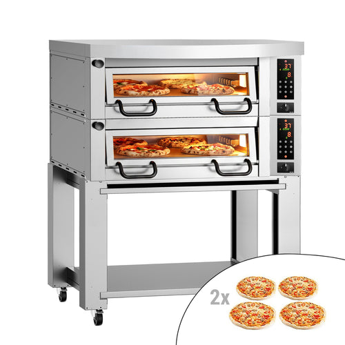 Electric Deck Pizza Oven Power - Twin Deck - Refractory Stone Deck - 4+4 x Ø 34cm (13.4") - 230V 3 Phase - Digital Controls - up to 450°C - incl. Hood & Base frame & Wheels