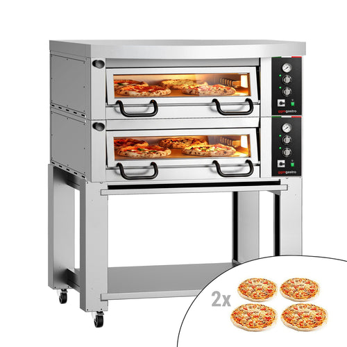 Electric Deck Pizza Oven Power - Twin Deck - Refractory Stone Deck - 4+4 x Ø 34cm (13.4") - 230V 3 Phase - Mechanical Controls - up to 450°C - incl. Hood & Base frame