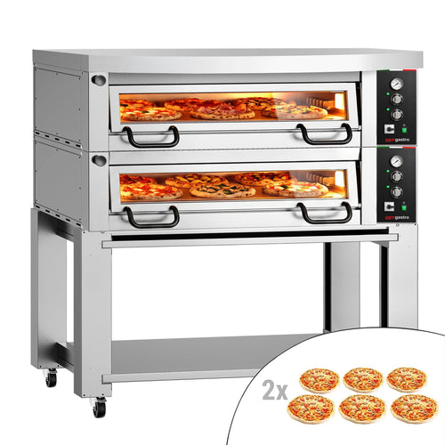 Electric Deck Pizza Oven Power - Twin Deck - Refractory Stone Deck - 6+6 x Ø 34cm (13.4") - 230V 3 Phase - Mechanical Controls - up to 450°C - incl. Hood & Base frame