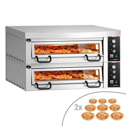 Electric Deck Pizza Oven Power - Twin Deck - Refractory Stone Deck - 9+9 x Ø 34cm (13.4") - 230V 3 Phase - Mechanical Controls - up to 450°C - incl. Hood