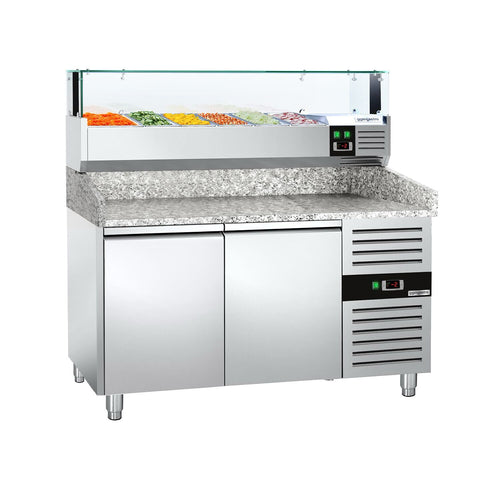 Pizzakylmäpöytä PREMIUM - 1500x800 mm - 2 ovea - sis. kylmävitriini lasisuojuksella LED-valaistuksella - 5 x GN 1/3 + 1 x GN 1/2