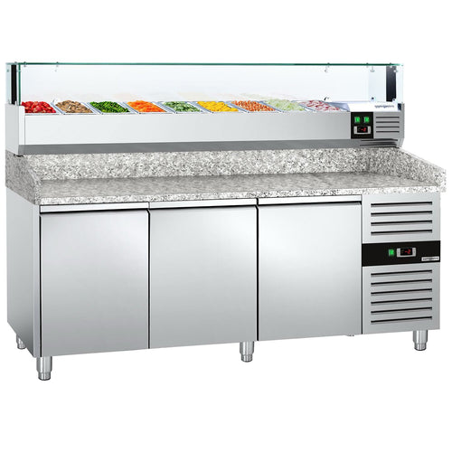 Pizzakylmäpöytä PREMIUM - 2000x800 mm - 3 ovea - sis. kylmävitriini lasisuojuksella LED-valaistuksella - 10 GN 1/4 -astiaa