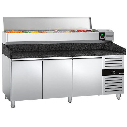 Pizzakylmäpöytä PREMIUM - 2000x800 mm - 3 ovea - sis. kylmävitriini - 9 x GN 1/3 -astiaa