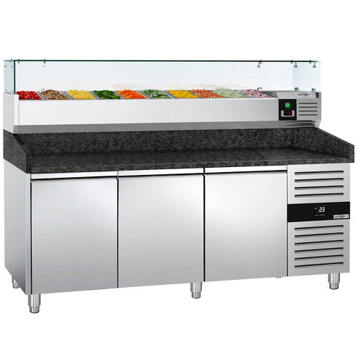 Pizzakylmäpöytä PREMIUM - 2025x800 mm - 3 ovea - sis. kylmävitriini lasisuojuksella - 9 x GN 1/3 -astiaa