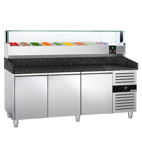 Pizzakylmäpöytä PREMIUM - 2025x800 mm - 3 ovea - sis. kylmävitriini lasisuojuksella LED-valaistuksella - 9 x GN 1/3 -astiaa