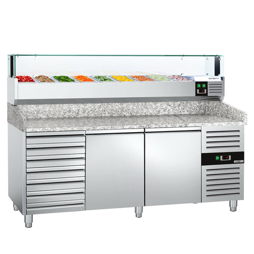 Pizzakylmäpöytä PREMIUM - 2025x800 mm - 2 ovea & 7 vetolaatikkoa - sis. kylmävitriini LED-valaistuksella - 9 GN 1/3 -astiaa