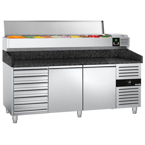 Pizzakylmäpöytä PREMIUM - 2025x800 mm - 2 ovea & 7 vetolaatikkoa - sis. kylmävitriini - 9 GN 1/3 -astiaa