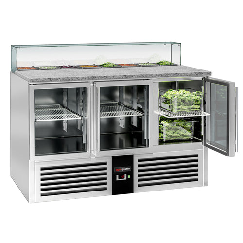 Salaattipöytä PREMIUM - 1 368 mm - 368 l - 3 lasiovea - kulmikas lasisuoja 8x GN 1/6 varten
