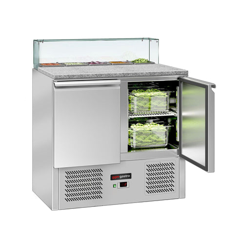 Salaattipöytä ECO - 900 mm - 240 l - 2 ovea - kulmikas lasisuoja 5x GN 1/6 varten