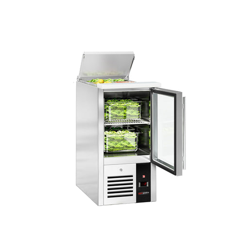 Commercial Saladette Counter PREMIUM - 450mm - 102L - 1 glass door - open top for 1 x GN 1/1 & stainless steel hinged lid
