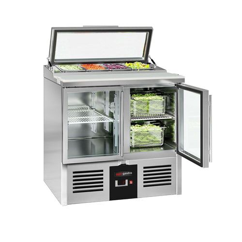 Commercial Saladette Counter PREMIUM - 900mm - 159L - 2 glass doors - for 4 x GN 1/3 & glass lid